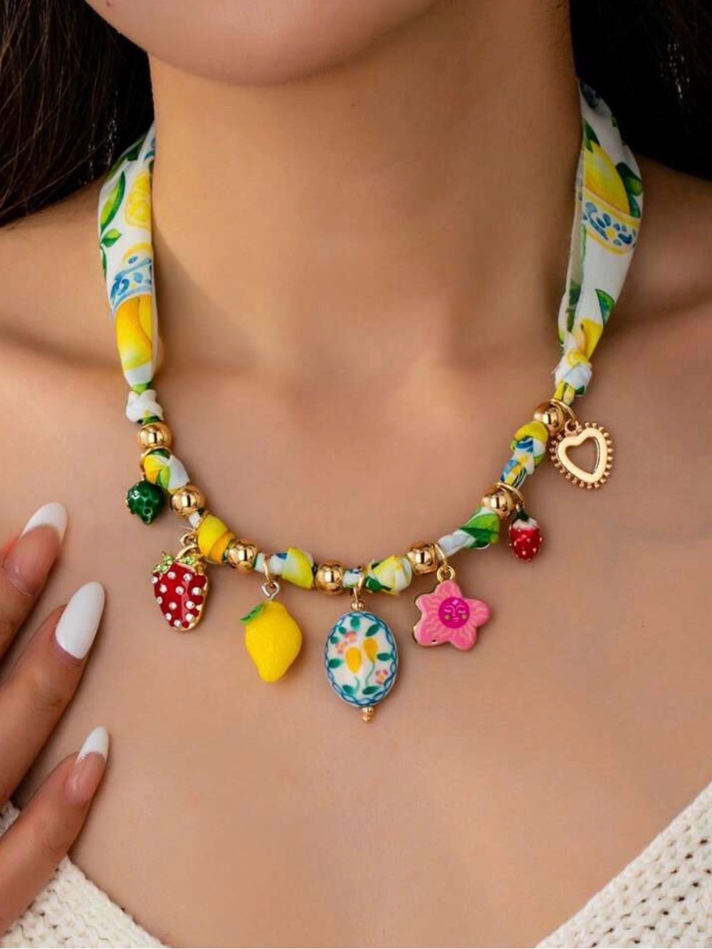 Colorful Lemon & Fruit Charm Scarf Necklace